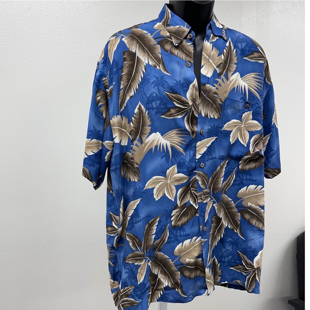 Tropical Palm Leaf Hawaiian Shirt Button Up Short Sleeve Blue Size XL - Picture 3 of 9